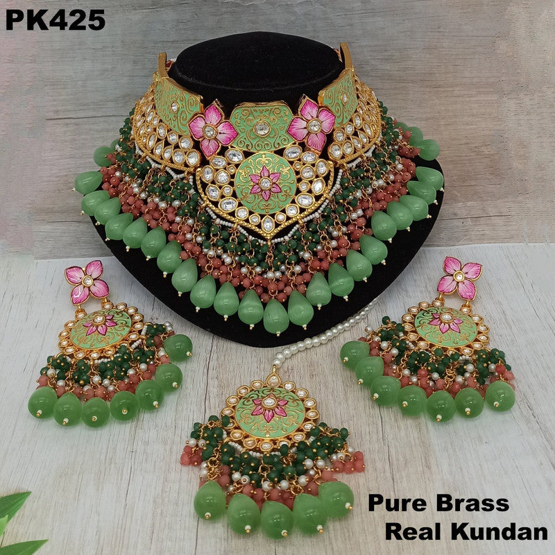 Pure Brass Real Kundan Necklace set with Ear Rings