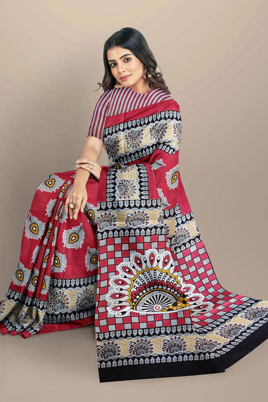 Dark Pink & Multi Coloured Premium Mul Mul Cotton Beautiful Hand Block printed Women Daily/Party wear Saree with Blouse!!