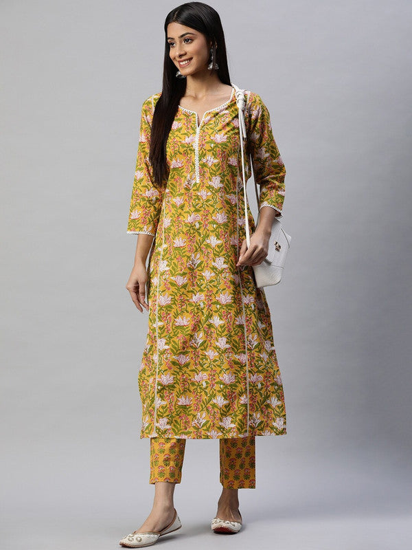 Mustard Yellow & Multi Coloured Pure Cotton Floral Printed Thread Work Straight shape Round neck 3/4Sleeves Women Designer Party/Daily wear Kurti with Trousers!!