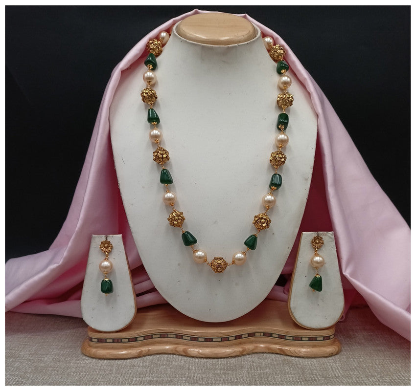 Gold & Dark Green Coloured Pure Brass Real Kundan Gold Plating with Pearls Women Designer Brass Mala Long set with earrings!!