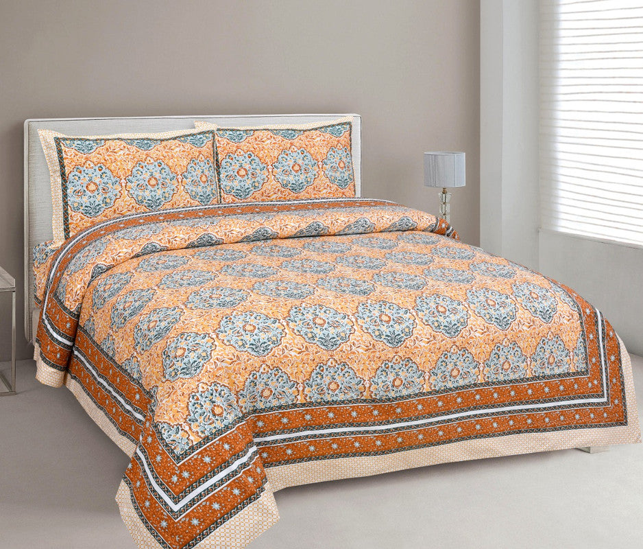 Orange Coloured Cotton Hand Print Queen size Double Bed sheet with Pillow covers!!