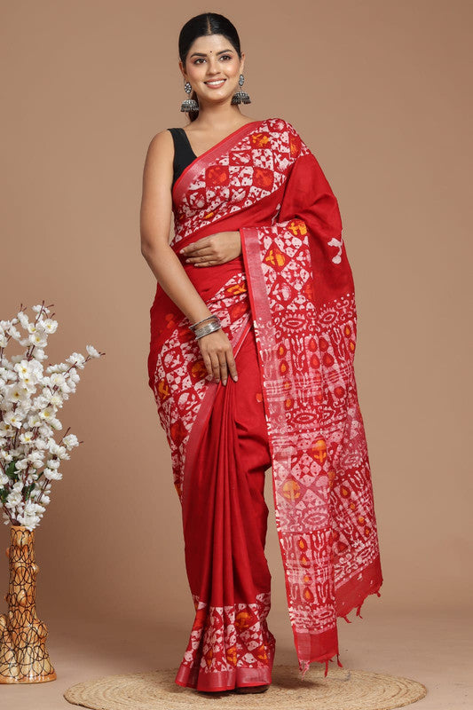 Red & Multi Coloured Linen Cotton Beautiful Hand Block printed Women Daily/Party wear Saree with Blouse!!