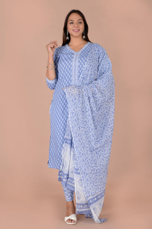 Blue & White Coloured Pure Cotton Printed Hand Work Women Fully Stitched Designer Party wear Suit with Pant & Dupatta!!