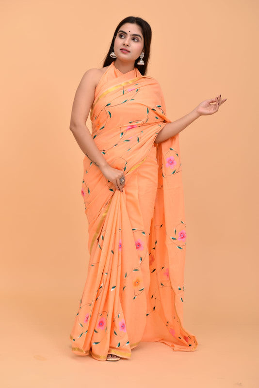 Peach & Multi Coloured Pure Cotton with Beautiful Jari Border Printed Women Party/Daily wear Designer Cotton Saree with Blouse!!