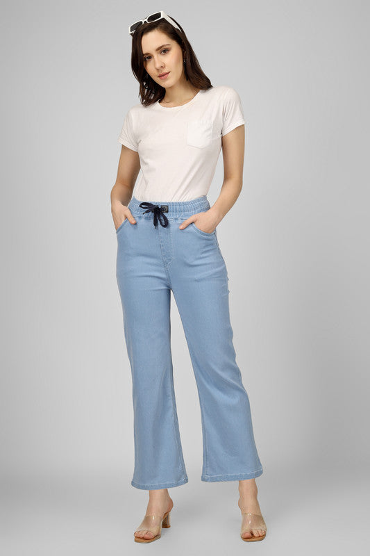 Light Blue Coloured Premium Silky Full length Stretchable Button Closure Women Casual/Party wear Straight Fit Jogger Jeans!!