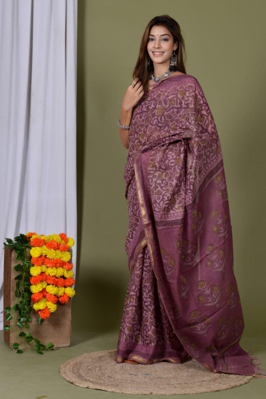 Natural Hand Block Printed Ajrakh Chanderi Cotton Silk Saree!!