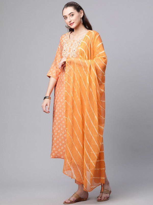 Orange Coloured Chanderi Silk Bandhani printed Round Neck 3/4 Sleeves Women Designer Party wear Kurti with Trousers & With Dupatta!!