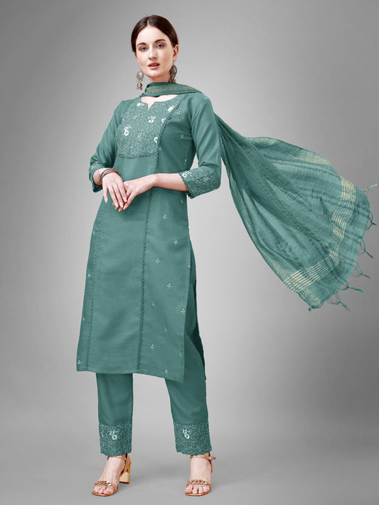 MorPeach Coloured With Embroidery & Fancy Lace Work Women Designer Party/Casual wear Cotton Kurti with Pant & Dupatta!!