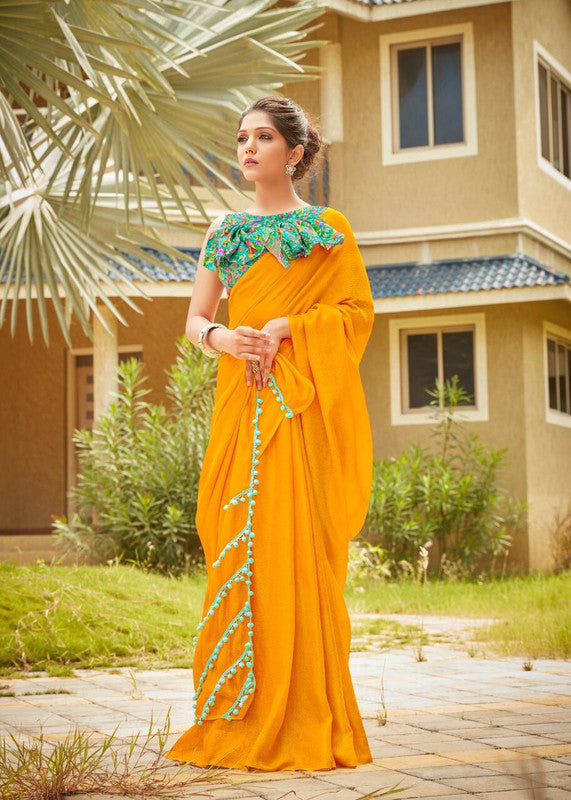 Yellow Coloured Jute Linen Cotton Saree with Pompom Border!!