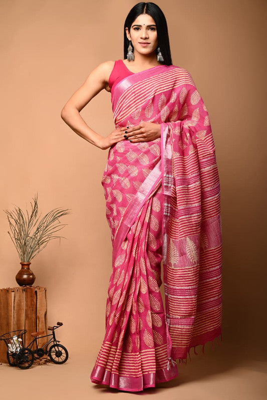 Pink & Multi Coloured Linen Cotton Beautiful Hand Block printed Women Daily/Party wear Saree with Blouse!!