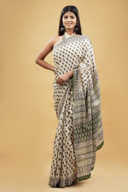 Beige & Green Coloured Beautiful Hand Block printed Women Daily/Party wear Pure Cotton Saree with Blouse!!