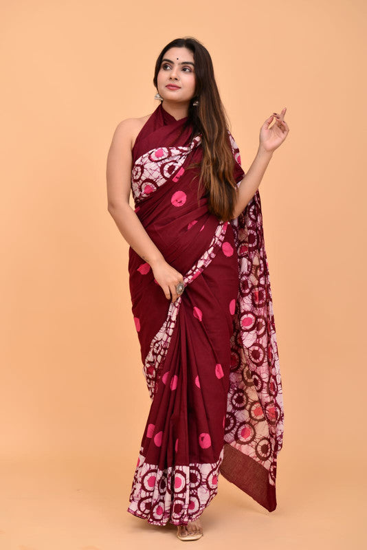 Maroon & Pink Coloured Pure Cotton with Beautiful Hand Block Printed Women Party/Daily wear Designer Cotton Saree with Blouse!!