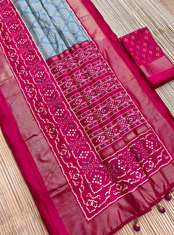 Pink & Grey Coloured Soft Dolla Silk Patola Design with Heavy Foil Print & Fancy Tussels Women Party wear Saree with Blouse!!