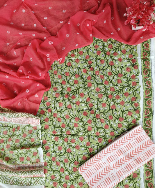 Green & Red Coloured Pure Cotton Printed Women Party/Daily wear Dress Material Suit- Top with Bottom & Cotton Dupatta!!