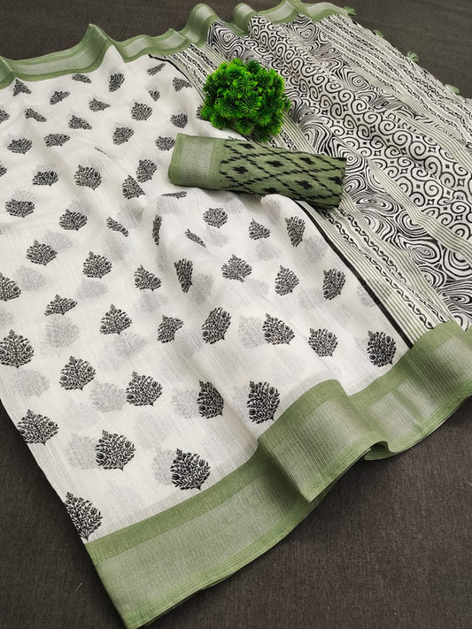 Soft cotton with heavy zari woven border with Digital Print