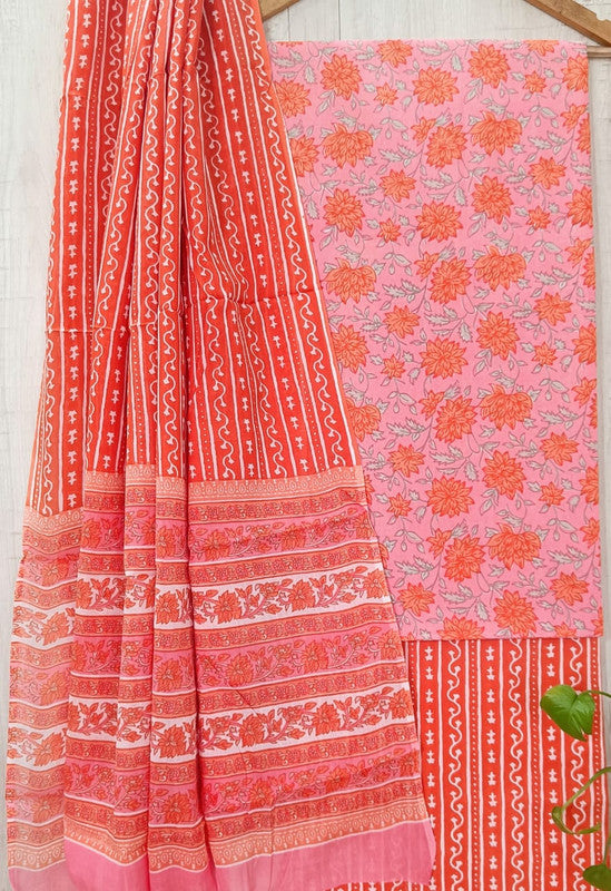 Pink & Red Coloured Unstitched Pure Cotton Hand Block Printed Women Party/Daily wear Dress Material Suit- Top with Bottom & Cotton Dupatta!!