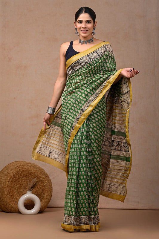 Green & Multi Coloured Hand Block Printed Women Designer Party wear Maheshwari Cotton Silk Saree with Runnin Blouse!!