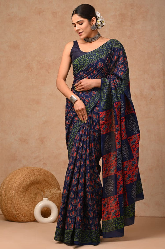 Navy Blue & Multi Coloured Hand Block Bagru, Dabu & Batik Dye Print Women Designer Party wear Pure Cotton Saree with Runnin Blouse!!