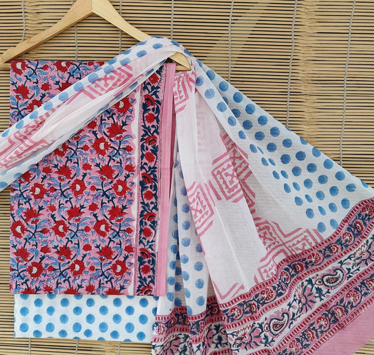 White & Multi Coloured Unstitched Pure Cotton Hand Block Printed Women Party/Daily wear Dress Material Suit- Top with Bottom & Cotton Dupatta!!