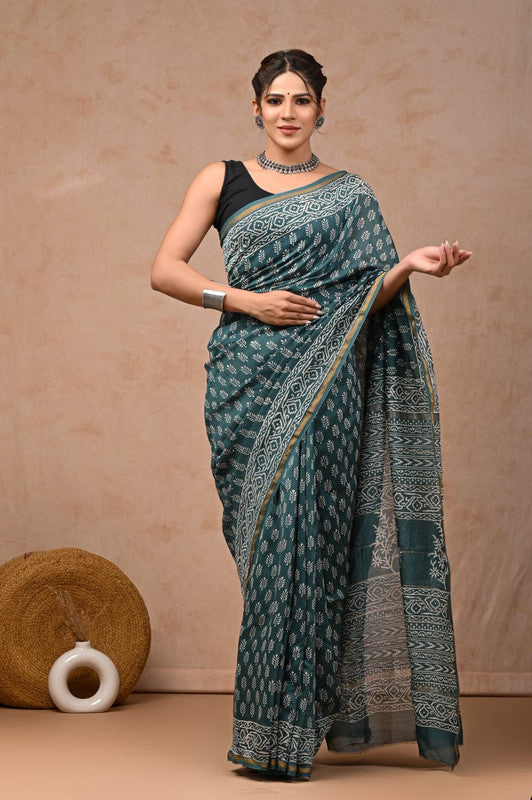 Green & Off White Coloured Hand Block Printed Women Designer Party wear Chanderi Cotton Silk Saree with Runnin Blouse!!