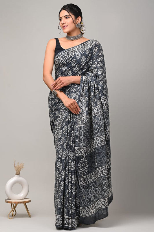 Grey & White Coloured Beautiful Hand Block printed Women Daily/Party wear Pure Cotton Saree with Blouse!!