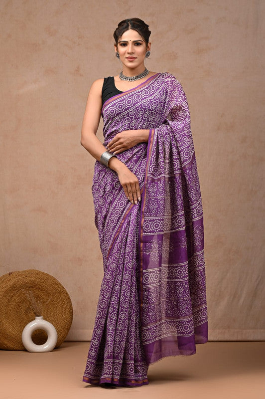 Purple & Off White Coloured Hand Block Printed Women Designer Party wear Chanderi Cotton Silk Saree with Runnin Blouse!!