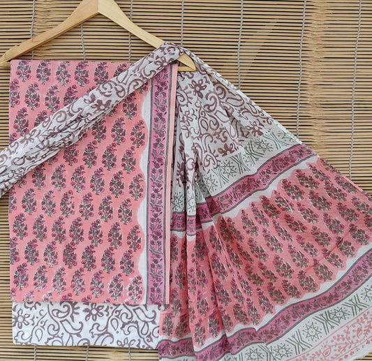 Pink & Multi Coloured Unstitched Pure Cotton Hand Block Printed Women Party/Daily wear Dress Material Suit- Top with Bottom & Cotton Dupatta!!