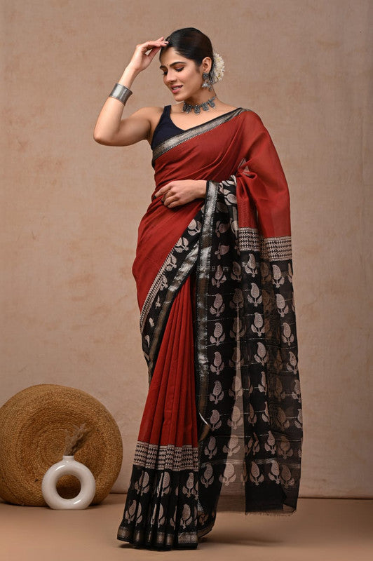 Maroon & Multi Coloured Hand Block Printed Women Designer Party wear Maheshwari Cotton Silk Saree with Runnin Blouse!!