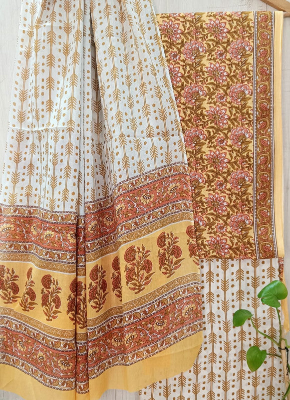 Orange & Multi Coloured Unstitched Pure Cotton Hand Block Printed Women Party/Daily wear Dress Material Suit- Top with Bottom & Cotton Dupatta!!