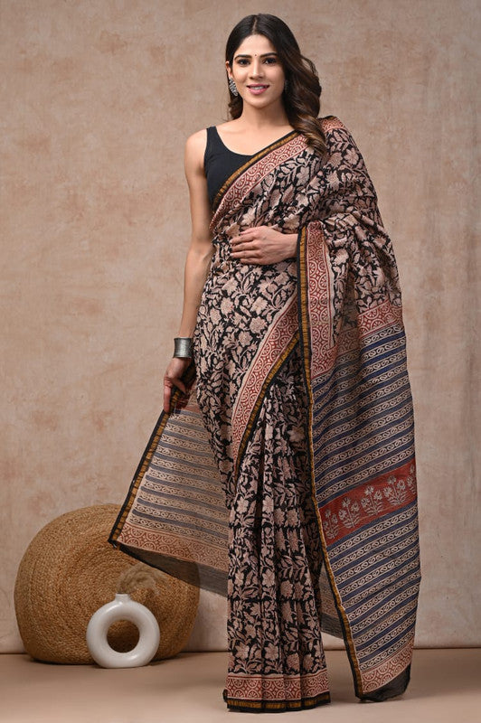 Brown & Multi Coloured Hand Block Printed Women Designer Party wear Chanderi Cotton Silk Saree with Runnin Blouse!!