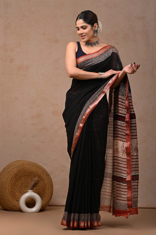 Black & Multi Coloured Hand Block Printed Women Designer Party wear Maheshwari Cotton Silk Saree with Runnin Blouse!!