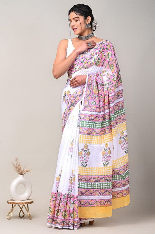 White & Multi Coloured Beautiful Hand Block printed Women Daily/Party wear Pure Cotton Saree with Blouse!!