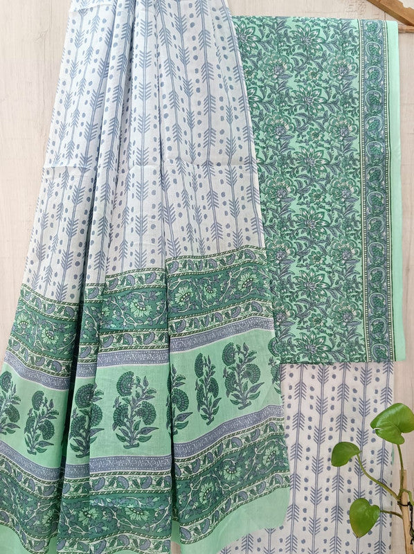 Light Green & White Coloured Unstitched Pure Cotton Hand Block Printed Women Party/Daily wear Dress Material Suit- Top with Bottom & Cotton Dupatta!!