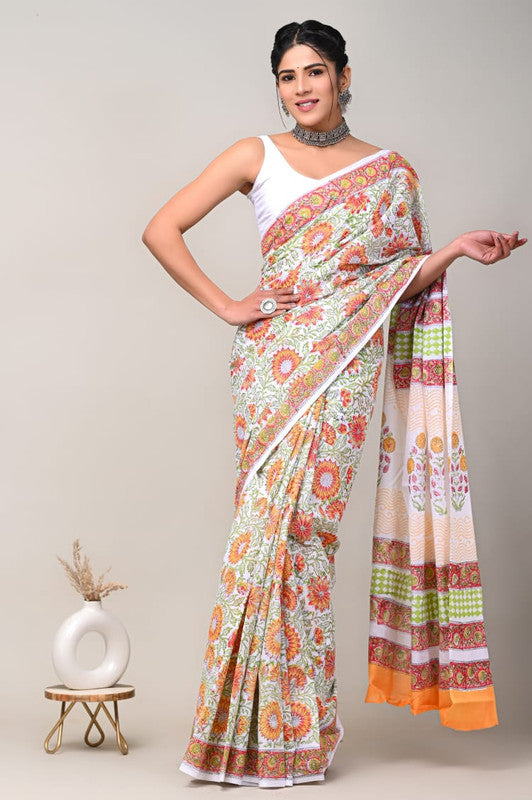 White & Multi Coloured Beautiful Hand Block printed Women Daily/Party wear Pure Cotton Saree with Blouse!!