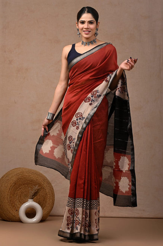 Brick Red & Multi Coloured Hand Block Printed Women Designer Party wear Maheshwari Cotton Silk Saree with Runnin Blouse!!