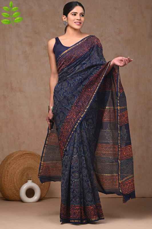 Navy Blue & Multi Coloured Hand Block Printed Women Designer Party wear Chanderi Cotton Silk Saree with Runnin Blouse!!