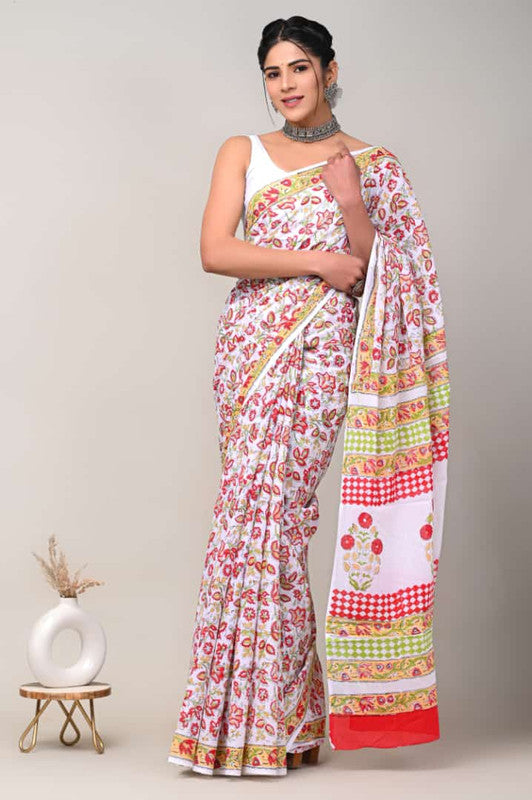 White & Multi Coloured Beautiful Hand Block printed Women Daily/Party wear Pure Cotton Saree with Blouse!!