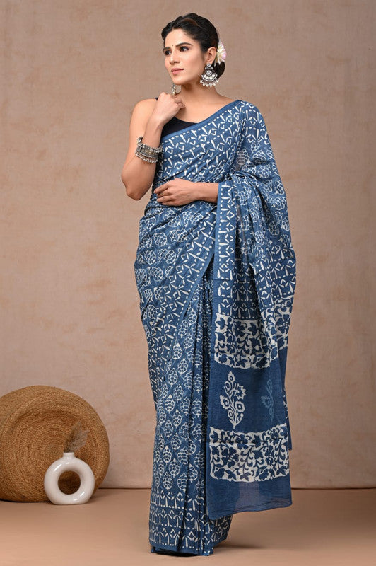 Blue & White Coloured Hand Block Bagru, Dabu & Batik Dye Print Women Designer Party wear Pure Cotton Saree with Runnin Blouse!!