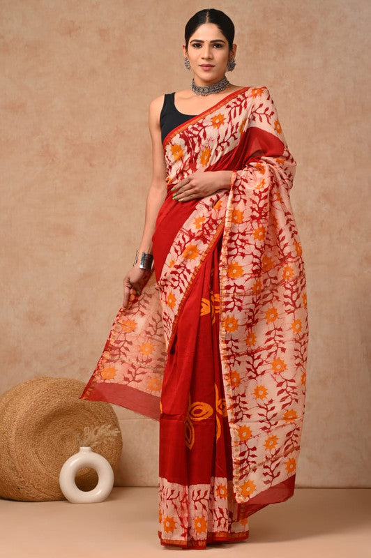 Orange & Multi Coloured Hand Block Printed Women Designer Party wear Chanderi Cotton Silk Saree with Runnin Blouse!!