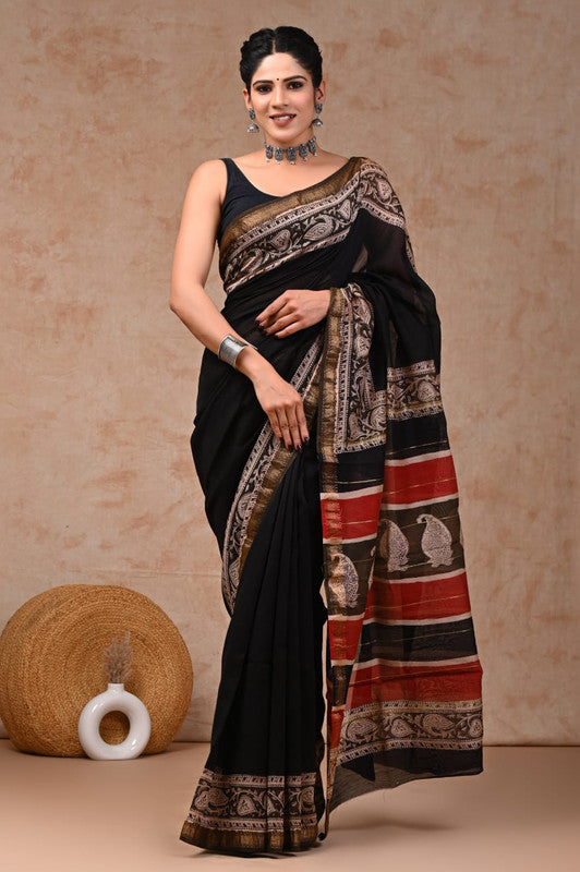 Black & Multi Coloured Hand Block Printed Women Designer Party wear Maheshwari Cotton Silk Saree with Runnin Blouse!!