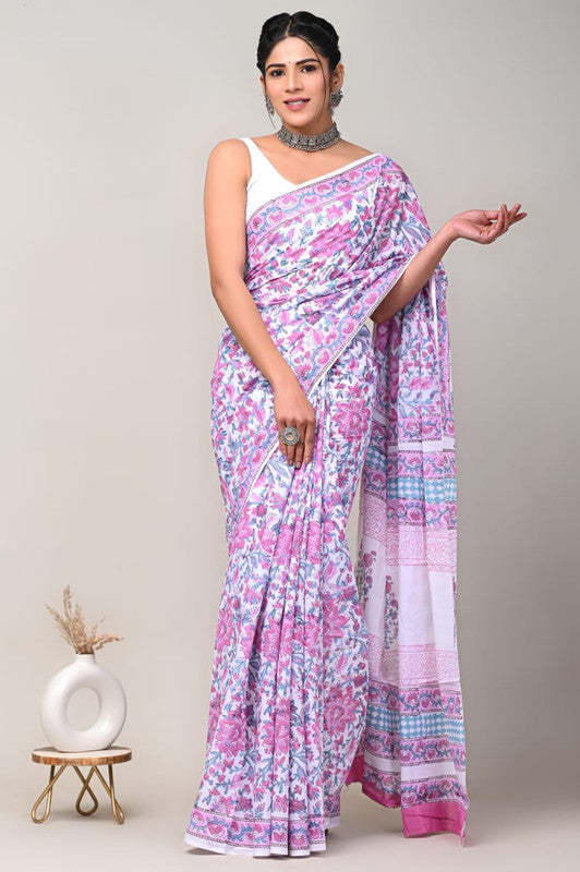 White & Pink Coloured Beautiful Hand Block printed Women Daily/Party wear Pure Cotton Saree with Blouse!!