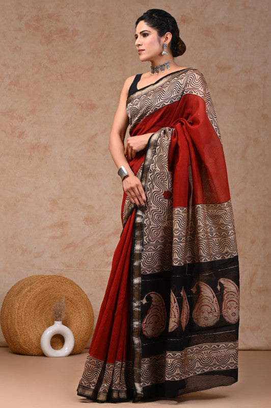 Maroon & Multi Coloured Hand Block Printed Women Designer Party wear Maheshwari Cotton Silk Saree with Runnin Blouse!!