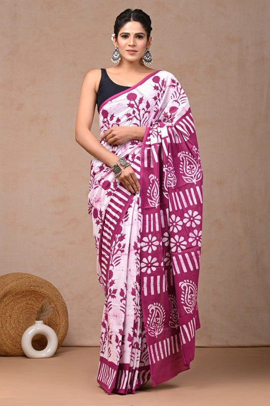 Pink & White Coloured Hand Block Bagru, Dabu & Batik Dye Print Women Designer Party wear Pure Cotton Saree with Runnin Blouse!!