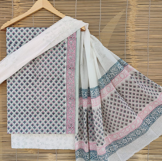 White & Multi Coloured Unstitched Pure Cotton Hand Block Printed Women Party/Daily wear Dress Material Suit- Top with Bottom & Cotton Dupatta!!