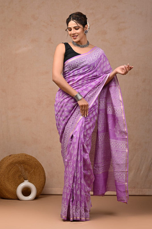 Light Purple & Off White Coloured Hand Block Printed Women Designer Party wear Chanderi Cotton Silk Saree with Runnin Blouse!!