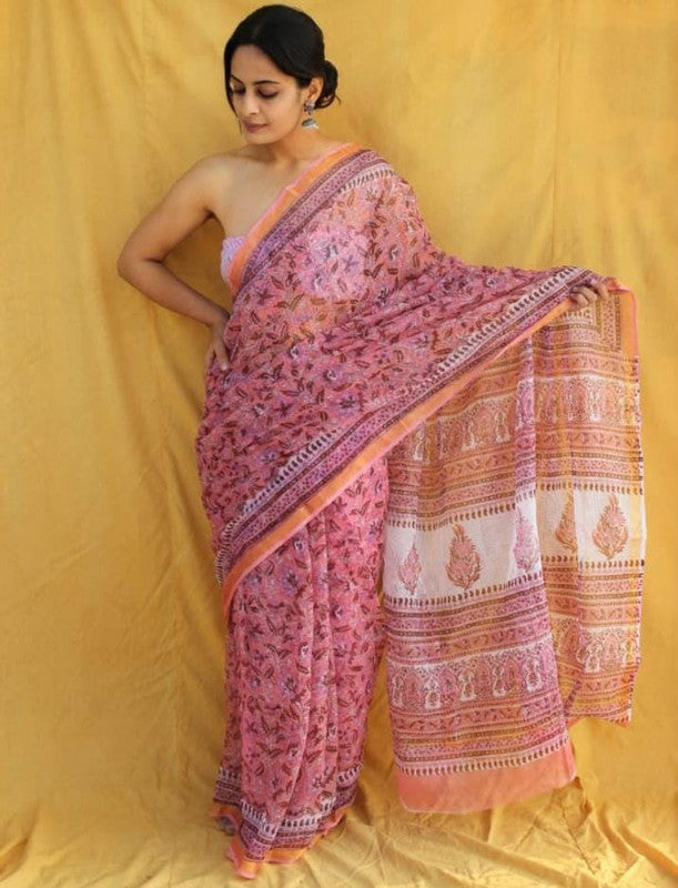 Pink & Multi Coloured Hand Block Printed Women Designer Party wear Kota Doria Cotton Saree with Runnin Blouse!!