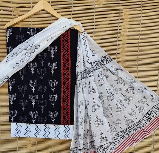 Black & White Coloured Unstitched Pure Cotton Hand Block Printed Women Party/Daily wear Dress Material Suit- Top with Bottom & Cotton Dupatta!!