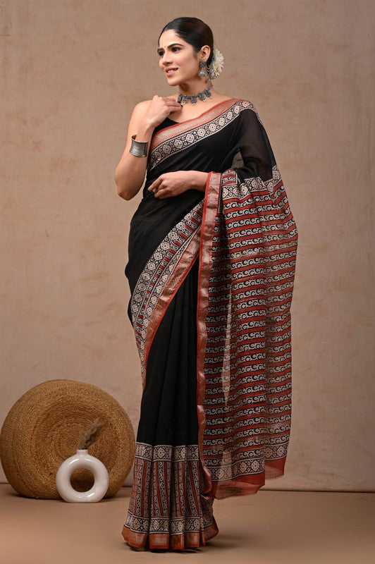 Black & Multi Coloured Hand Block Printed Women Designer Party wear Maheshwari Cotton Silk Saree with Runnin Blouse!!