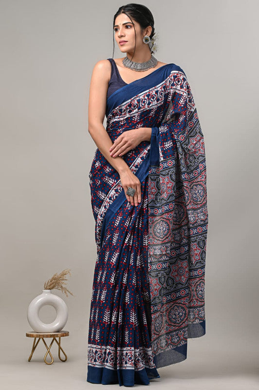 Navy Blue & Multi Coloured Beautiful Hand Block printed Women Daily/Party wear Pure Cotton Saree with Blouse!!