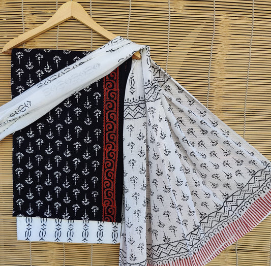 Black & White Coloured Unstitched Pure Cotton Hand Block Printed Women Party/Daily wear Dress Material Suit- Top with Bottom & Cotton Dupatta!!